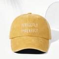 Yellow washed cotton baseball cap featuring Perfectly Imperfect white embroidery - Yellow