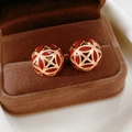 Vintage gold and red enamel flower round stud earrings in a brown velvet jewelry box - Gold-Red