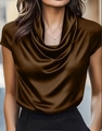 Close-up of elegant cowl neck detail on a dark brown satin short sleeve blouse for women - Brown
