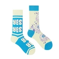 Asymmetric mismatch socks with blue YES lettering and cartoon flower pattern - Blue Beige YES Letter