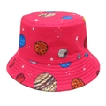Detail of rose red sun hat with planetary space print and reinforced brim stitching - M (56-58cm) / Red