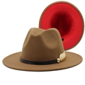 Classic brown wool fedora hat with wide brim, red lining, and golden feather accessory - M (56-58cm) / Light Coffee + Red