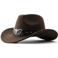 Detail of dark brown wool felt cowboy hat with bull head emblem and leather band - M (56-58cm) / Coffee (Studded Bull Head)