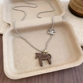 Silver bead chain necklace with brown horse pendant and gold star charm detail - 8# Necklace Silver Coffee Pentagram
