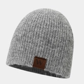 Gray ribbed knit beanie for men and women with a brown leather patch and stylish stripe texture - One Size / Gray