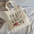 Off-white canvas tote bag featuring vintage strawberry and cutlery hand-drawn prints - C7 Vintage Tableware Illustration