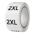 Detail view of 1-inch 2XL clothing size stickers on a roll with white background - 2XL