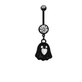 Black metal belly ring featuring a ghost pendant with a heart-shaped opal stone - Ghost Heart