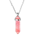 Pink agate hexagonal prism crystal bullet pendant necklace with silver chain link - Watermelon red