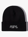 Close-up of white mimi letter embroidery on black ribbed knit beanie for winter - Black