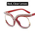 Occhiali alla moda rossi oversize con strass scintillanti e lenti trasparenti - Rosso Brillante Lente Trasparente