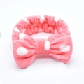 Pink and white polka dot plush headband with a large bow for washing face - Watermelon Red White Polka Dot