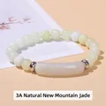Minimalist green natural jade beaded bracelet with 3A grade silver metal spacer accents - 3A Natural New Mountain Jade