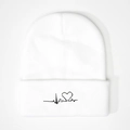 White knit beanie featuring black heartbeat embroidery with a central heart pattern - One Size / White