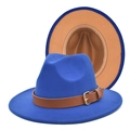 Close-up of royal blue fedora hat featuring brown leather band and tan inner lining details - M(56-58cm) / Royal Blue and Camel