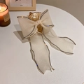 Elegant cream white mesh bow headband with rhinestone edges and long flowing ribbons - Beige Glossy Mesh Bow Long Streamer Hair Clip (11# Beige Hair Clip)