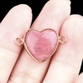 Pink gemstone heart connector with gold plated trim and dual jump rings for DIY jewelry - Rhodochrosite Double Hole (Gold)