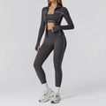 Three-piece dark grey yoga set with white contrast lines and slim fit zipper jacket - S / Top And Bottom / 3-Piece Set (Bra+Trousers+Jacket) / Volcanic Gray