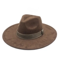Brown wide-brimmed felt fedora hat for women with a classic ribbed ribbon band decoration - M (56-59cm) / Brown Faux Suede