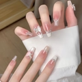 French tip press-on nails with nude pink gradient, rhinestones, and 3D butterfly charms - By1679 A Chance Encounter Brings Us Together Again / Glue Type