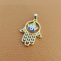 Golden Hamsa Hand pendant with blue Evil Eye and sparkling cubic zirconia stones - 5-Gold Zircon Hamsa Hand