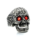 Anello teschio stile punk argento con occhi di pietre rosse e motivi incisi - US 8 / Color Acciaio