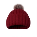 Women's burgundy knit beanie with faux fur pom pom and warm fleece lining - One Size / Red