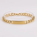 Detailed view of a gold-plated stainless steel Cuban link bracelet with cross engraved ID tag - Cross Relief