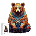 Irregular wooden puzzle featuring a majestic brown bear with colorful intricate patterns - F15 Brown Bear - Size S