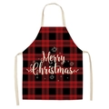 Detail view of red buffalo plaid Christmas apron featuring white Merry Christmas text - A0001-15 Red Black Plaid Snowflake