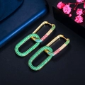 Detailed close-up of 18K gold plated chain earrings with vibrant multicolor zircon pavé - Colorful Green Mixed