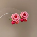 Detail of handmade pink beaded flower earrings with red strawberry and green leaf charm - 66# Silver Needle - Pink