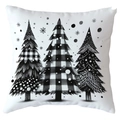 Housse de coussin de Noël avec des arbres stylisés noir et blanc sur fond blanc - 45x45cm / Trois sapins de Noël noirs et blancs