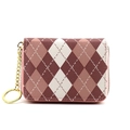Pink and brown argyle accordion card holder with gold zipper and keychain chain - Pink Purple