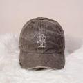 Vintage washed dark grey baseball cap featuring white Philippians 4:13 bible verse print - Coffee
