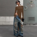 Brown long sleeve top with irregular slit hem paired with distressed blue jeans - XS / Brown