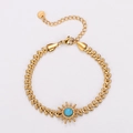 Gold stainless steel bracelet with wheat leaf chain and sun turquoise pendant - Sun Motif Turquoise Style (AMLYT424-1)