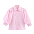 Elegante lichtroze poplin shirt met stijlvolle pofmouwen en knoopsluiting - XS / Roze