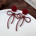 Vintage velvet red rose earrings with bowknot pendant on white ceramic display tray - Silver Pin Red Rose Bow