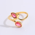 Golden titanium steel open ring with pink teardrop gems and double leaf design - Gold Pink Flower Bud Style (JZ28-1)