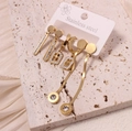 Three-pair gold stainless steel earring set with Roman numeral rings and zircon stars - Style 7
