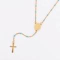 Collana a rosario dorata a Y con perline blu, ciondolo a croce e medaglia religiosa - Azzurro