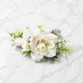 Bohemian bridal hair comb with white silk roses and green leaves on silver metal pins - FS01-1 White