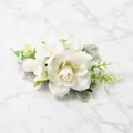 Bohemian bridal hair comb with white silk roses and green leaves on silver metal pins - FS01-1 White