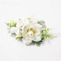 Bohemian bridal hair comb with white silk roses and green leaves on silver metal pins - FS01-1 White