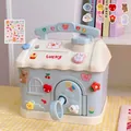 Blue house-shaped piggy bank with cute 3D cartoon stickers and a small key lock - Blue House (Stickers + Patches)
