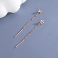 Minimalist s925 silver rose gold long chain earrings featuring delicate five-petal flowers - Flower Threader / Rose Gold