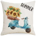 Summer linen cushion cover featuring a blue vintage scooter with sunflowers in a basket - 18x18 Inch / Sunflower Scooter Summer (LYD400-1)