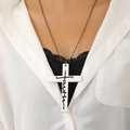 Gothic style long necklace with a large white faith cross pendant on black bead chain - White (4600)