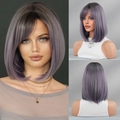 Perruque bob courte ombrée violette avec frange et boucles vers l'intérieur, fini mat - Ombré Violet Cendré (12 Pouces)
